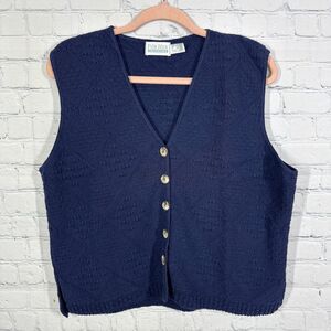 Vintage Vest Cable Knit Sweater Women XL Navy Blue Button 90's Coastal Preppy
